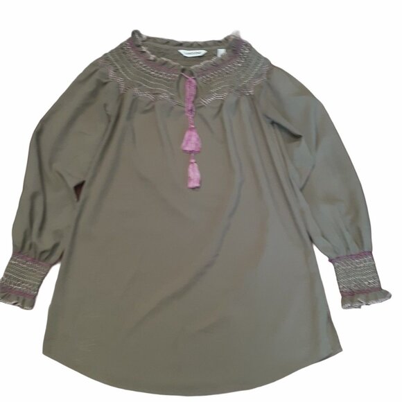 Lands End Womens Olive Green Embroidered Tunic Top Size 4 Split Neck Long Sleeve - Picture 1 of 4
